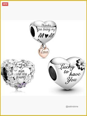 Charms for Bracelets Love Mom Heart Flowers Pendant Tags Sterling Silver Cubic